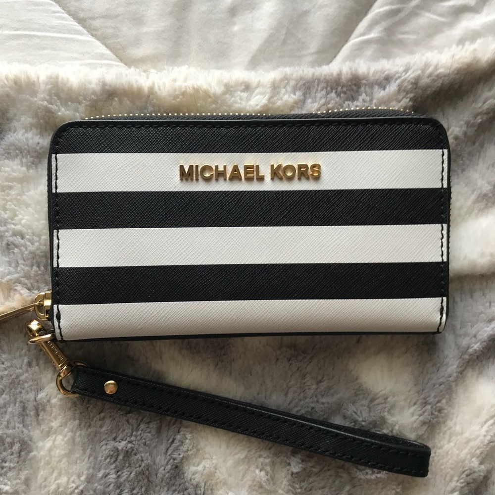 Michael Kors Black/White stripe wristlet